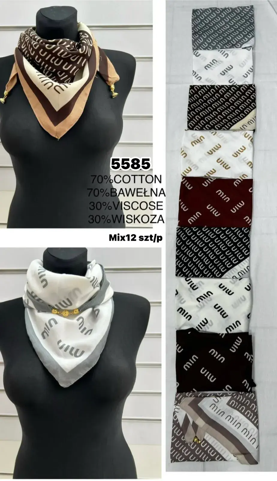 Szaliki damskie 70% bawełna 30% wiskoza MIX 12 szt