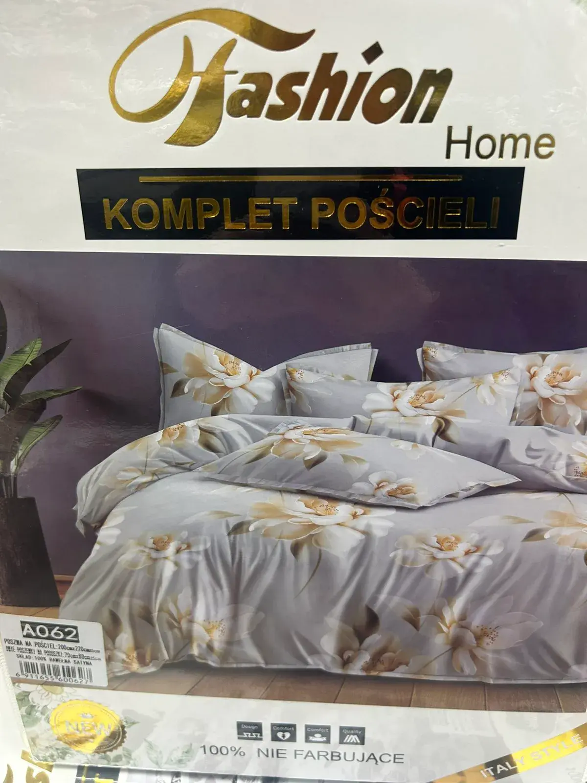 Komplet Pościeli Fashion Home Satyna Bawełna 200x220cm 3cz, kolor szary z kremowo-białymi kwiatami