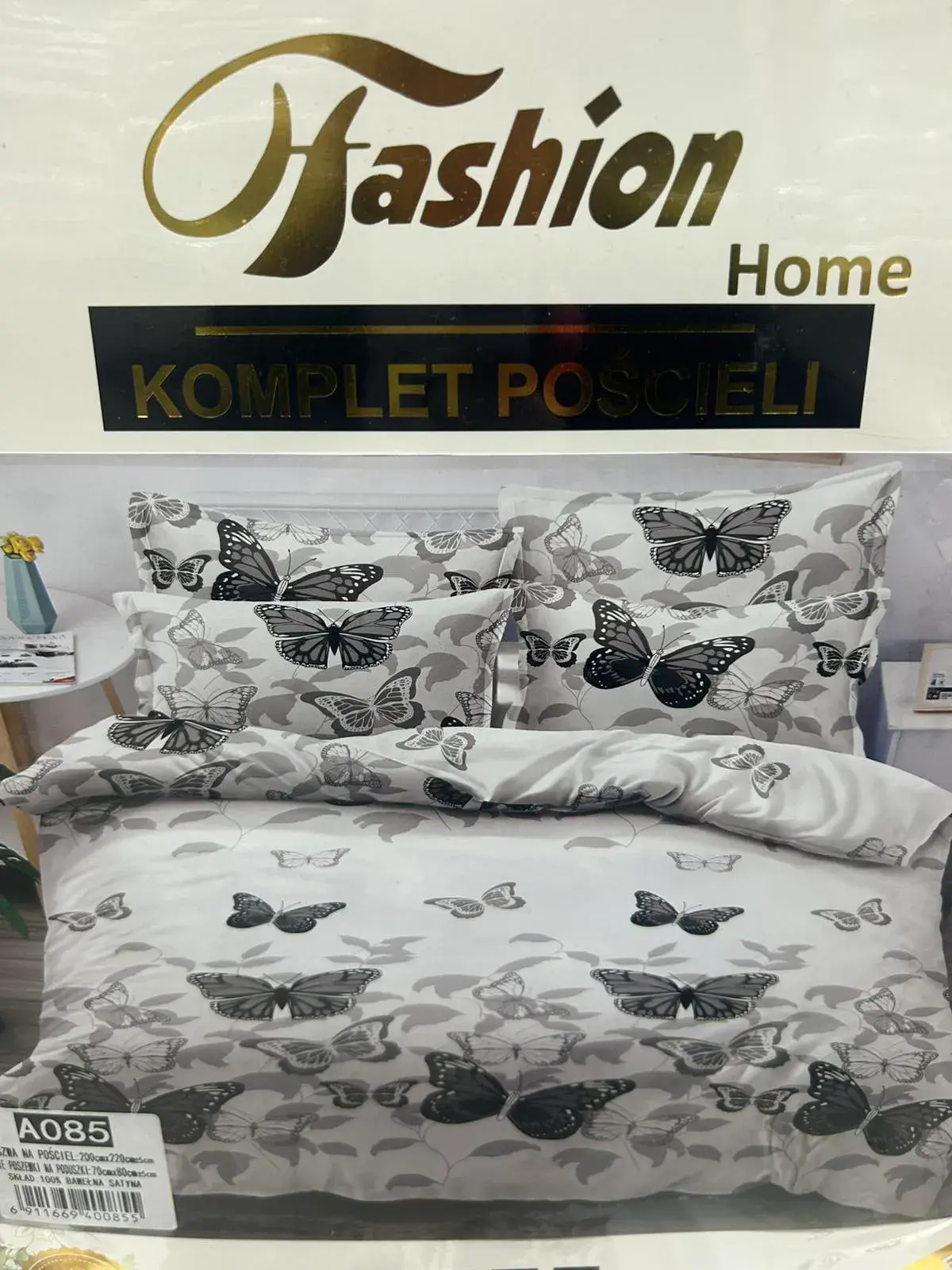 Komplet Pościeli Fashion Home Satyna Bawełna 200x220cm 3cz, kolor szary z czarnymi motylami