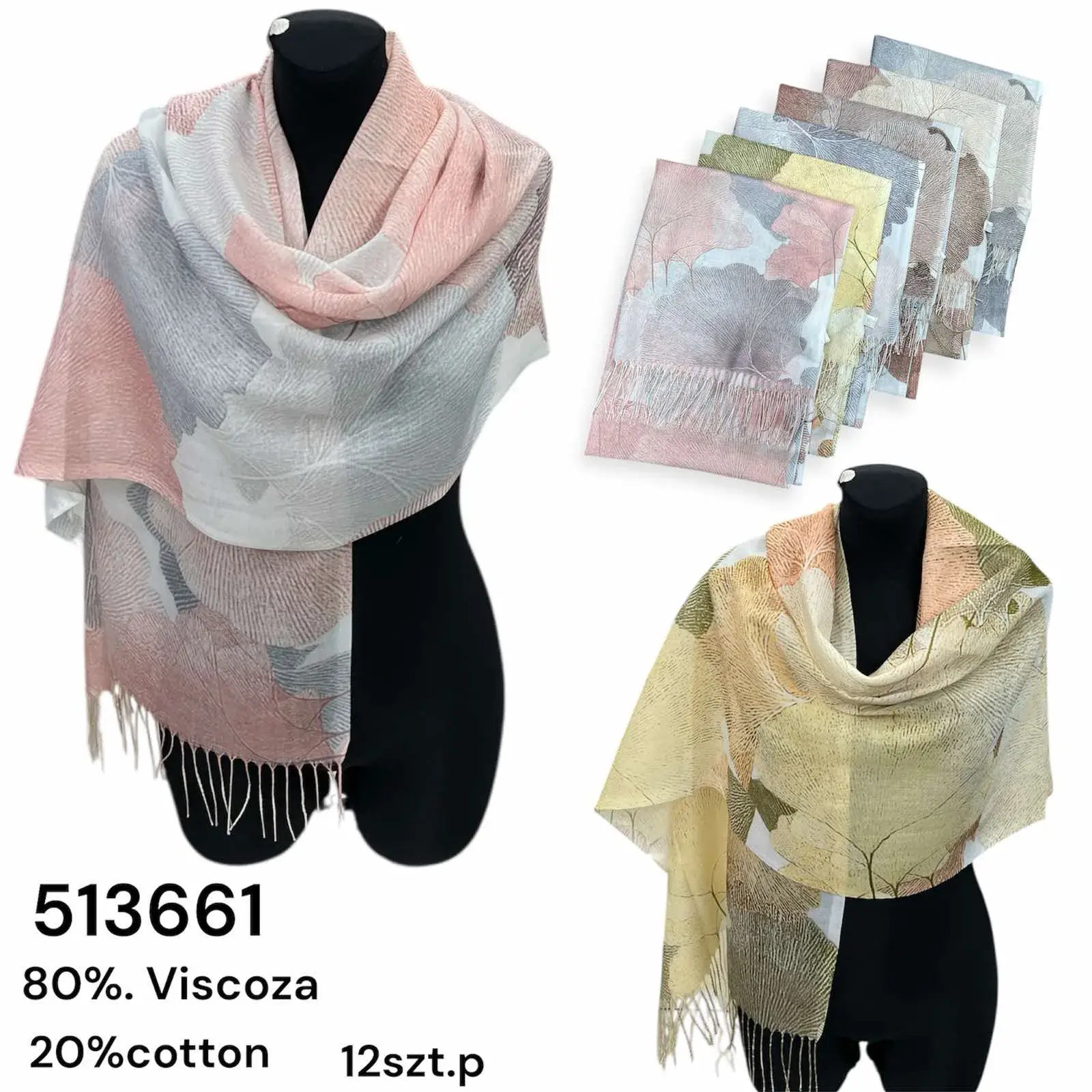 Szaliki damskie viscose 80% bawełna 20% 12 szt/op, w wielu kolorach