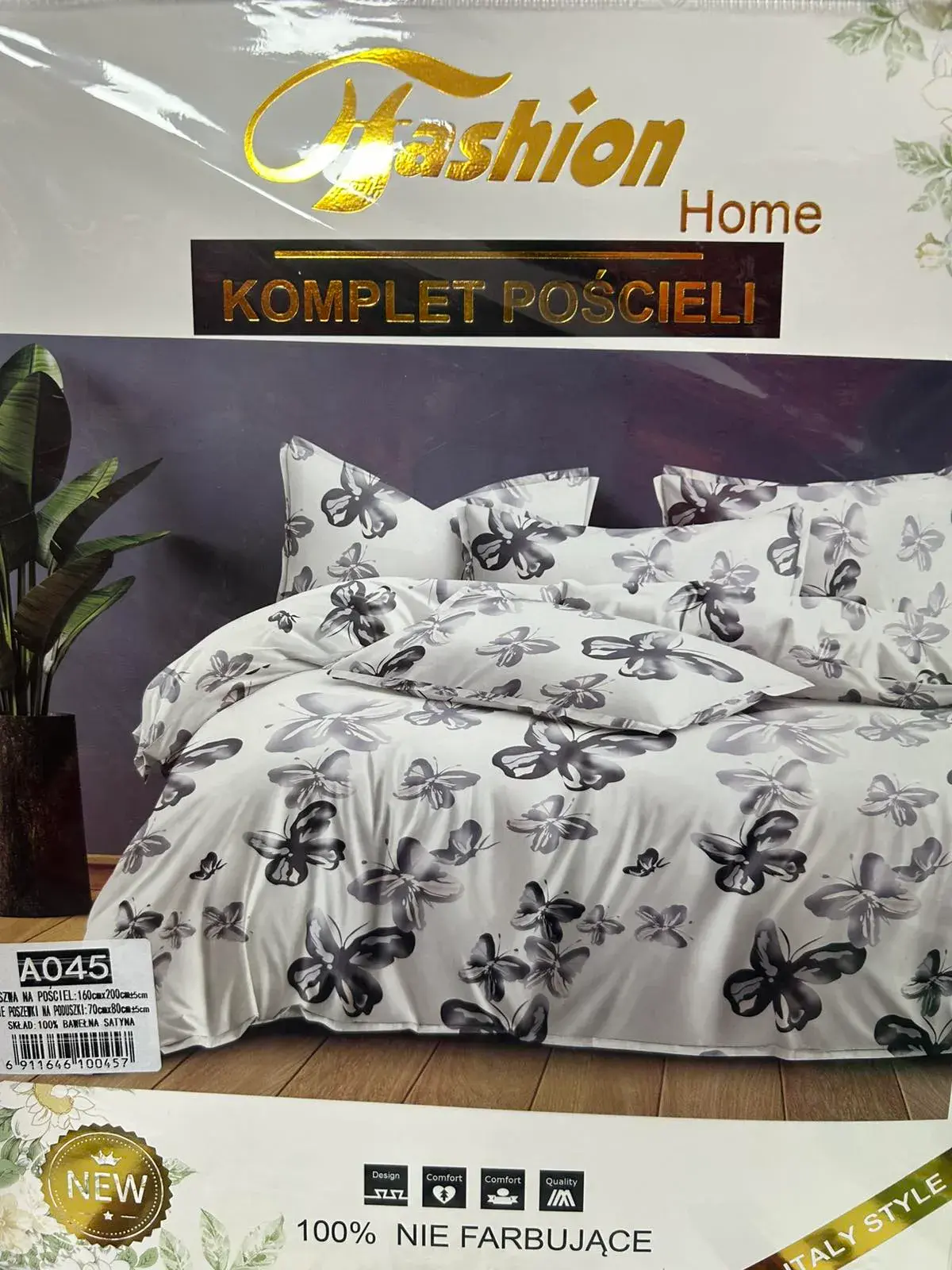Komplet Pościeli Fashion Home Satyna Bawełna 160x200cm 3cz, kolor biały z szarym nadrukiem motyli