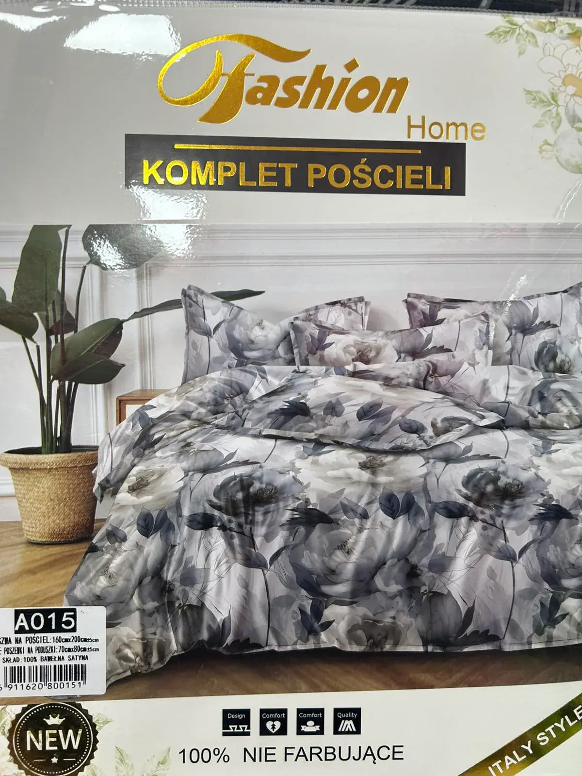 Komplet Pościeli Fashion Home Satyna Bawełna 160x200cm 3cz, kolor szary z białymi kwiatowymi motywami