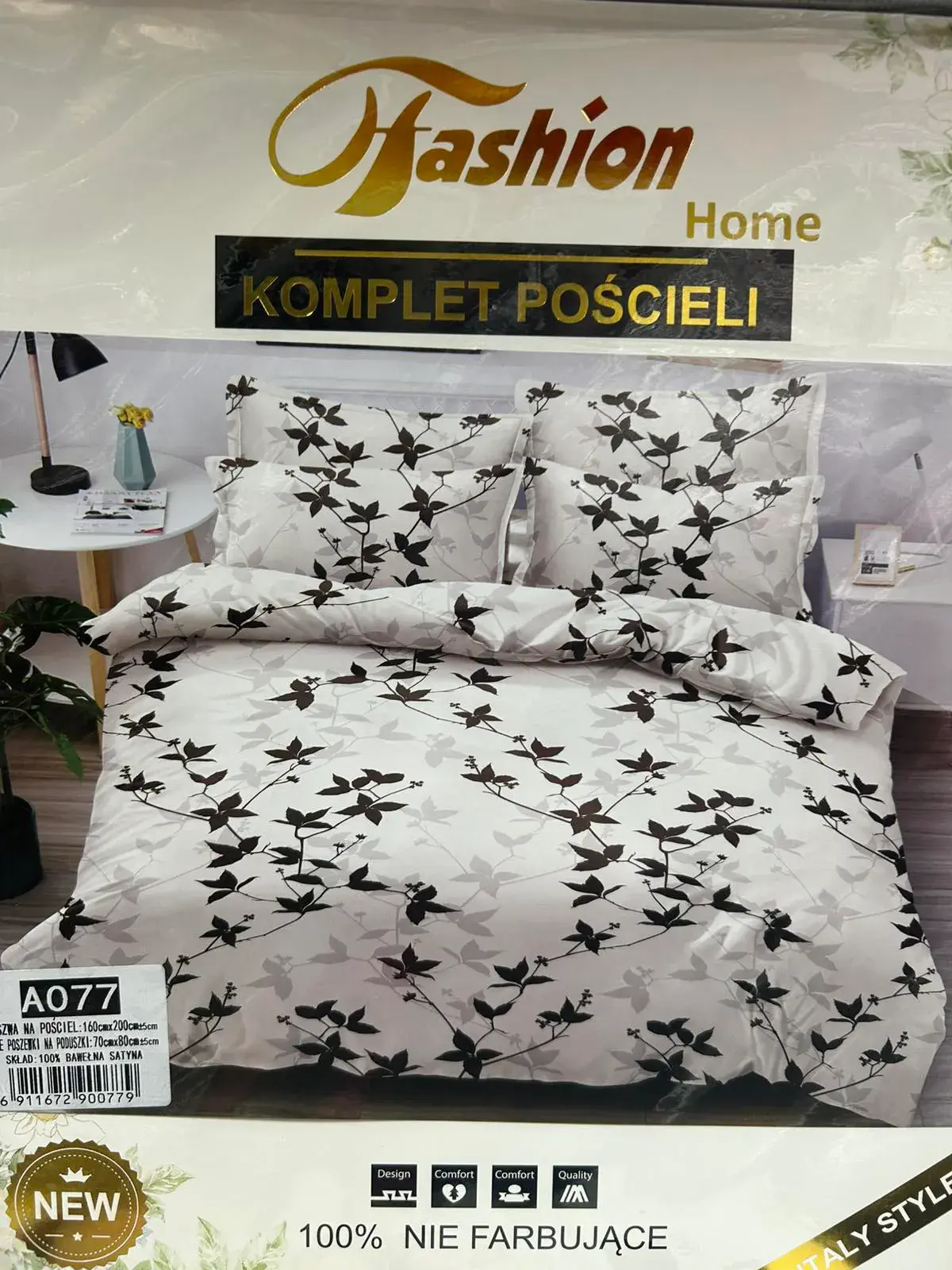 Komplet Pościeli Fashion Home Satyna Bawełna 160x200cm 3cz, kolor czarny z białymi kwiatami