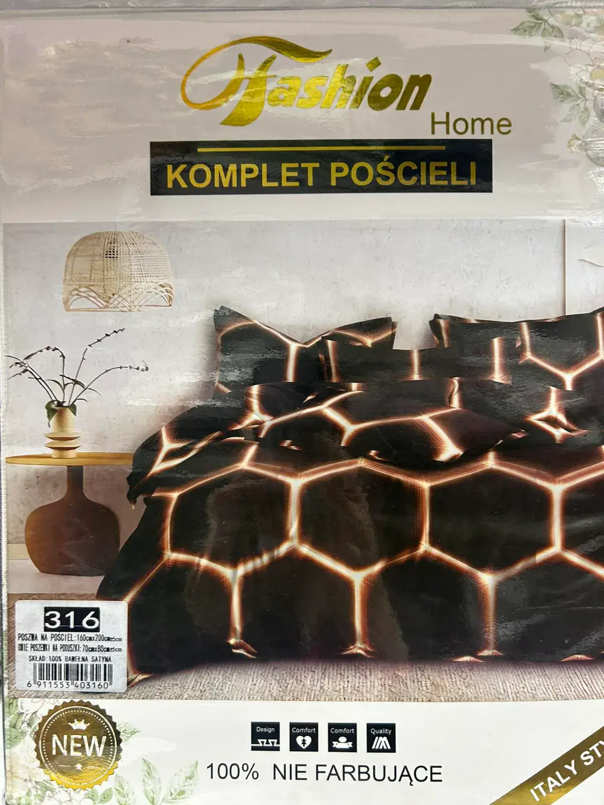 Komplet Pościeli Fashion Home Satyna Bawełna 160x200cm 3cz, kolor czarny ze złotym połyskiem