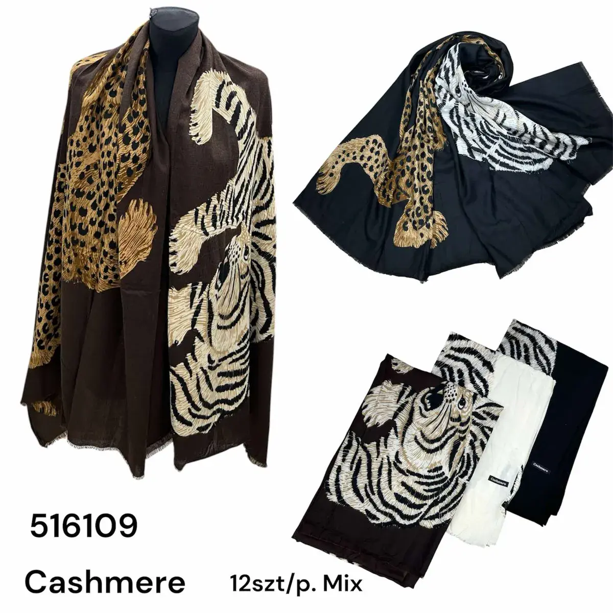 Szalik Cashmere z motywem zwierzęcym mix kolorów 180x70 cm