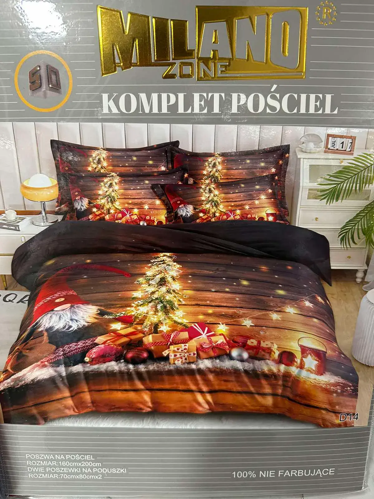 Komplet Pościeli 3cz Milano 160/200 GNOMY ŚWIĄTECZNE, kolor brązowo-złoty drewniany
