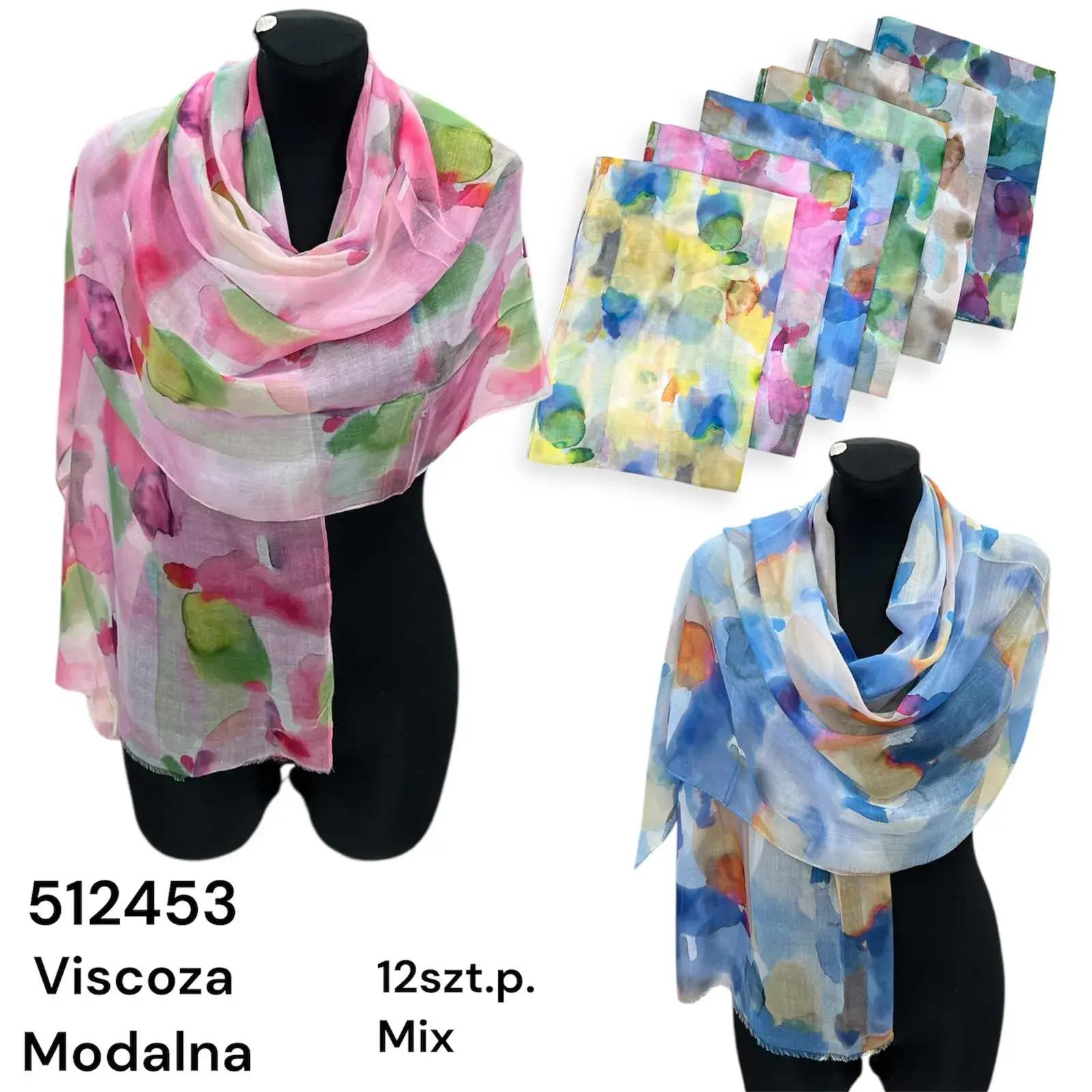 Szaliki damskie viscose modułna mix kolorów 12 szt.