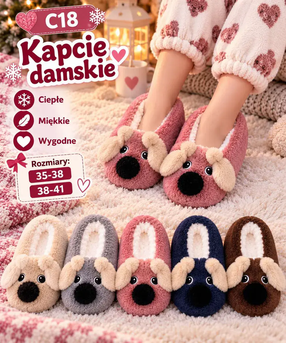 Kapcie damskie ciepłe miękkie wygodne z uszami psa różowe szare beżowe