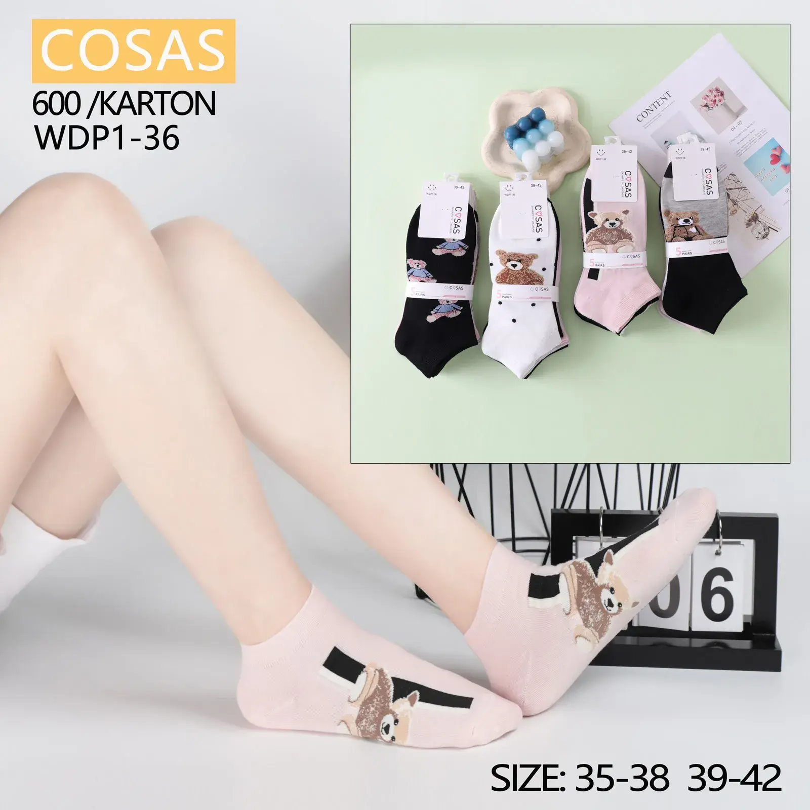 Skarpetki damskie COSASAS z misiem, rozmiar 35-38/39-42, w wielu kolorach