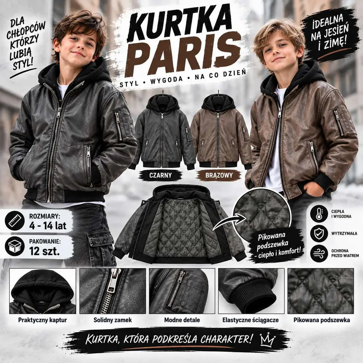 Kurtka Paris chłopięca z pikowaną podszewką czarna i brązowa, kolor czarny