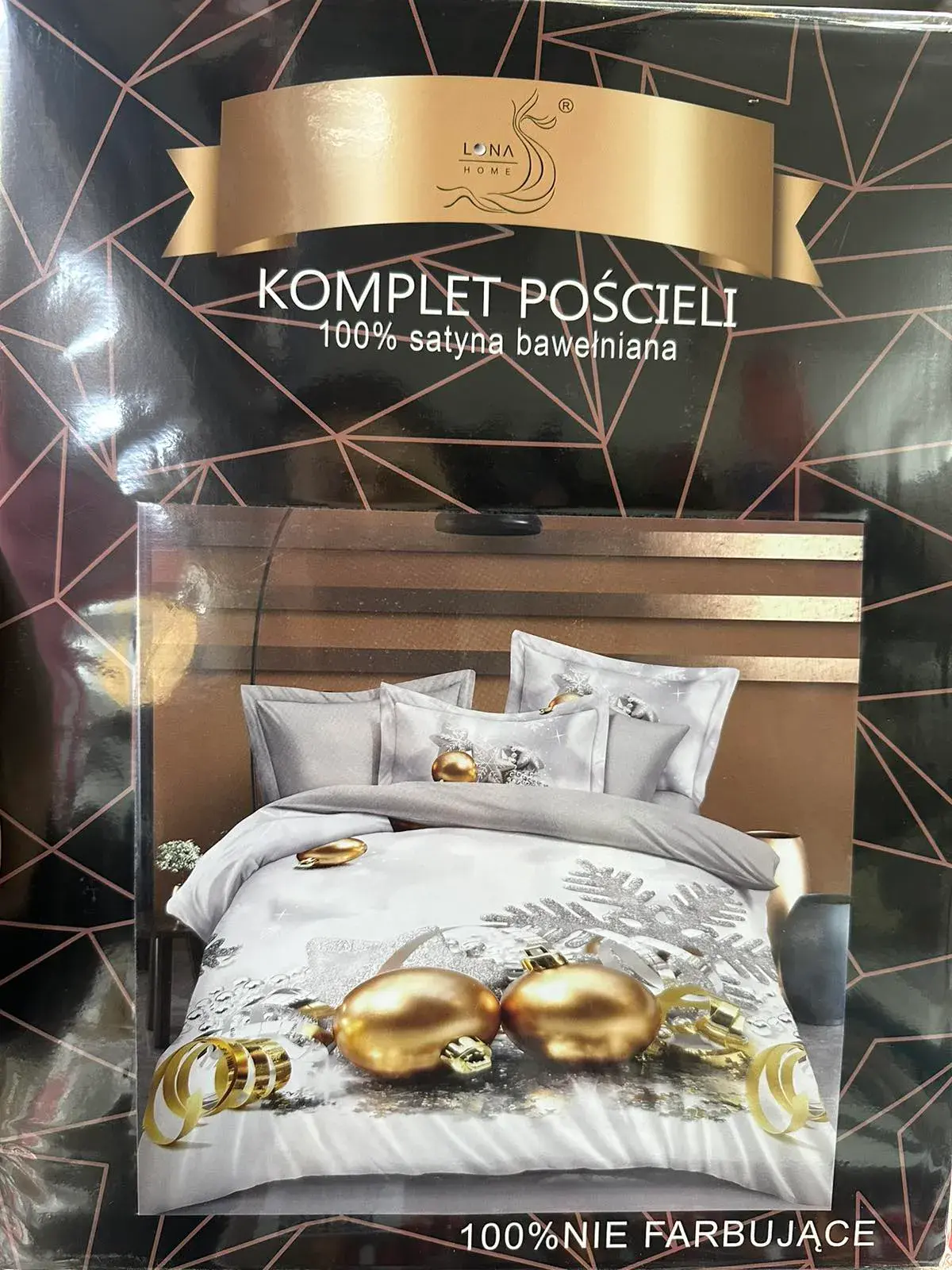 Komplet Pościeli 4CZ 160/200 100% Satyna Bawełniana, kolor srebrno-biały ze złotymi nadrukami