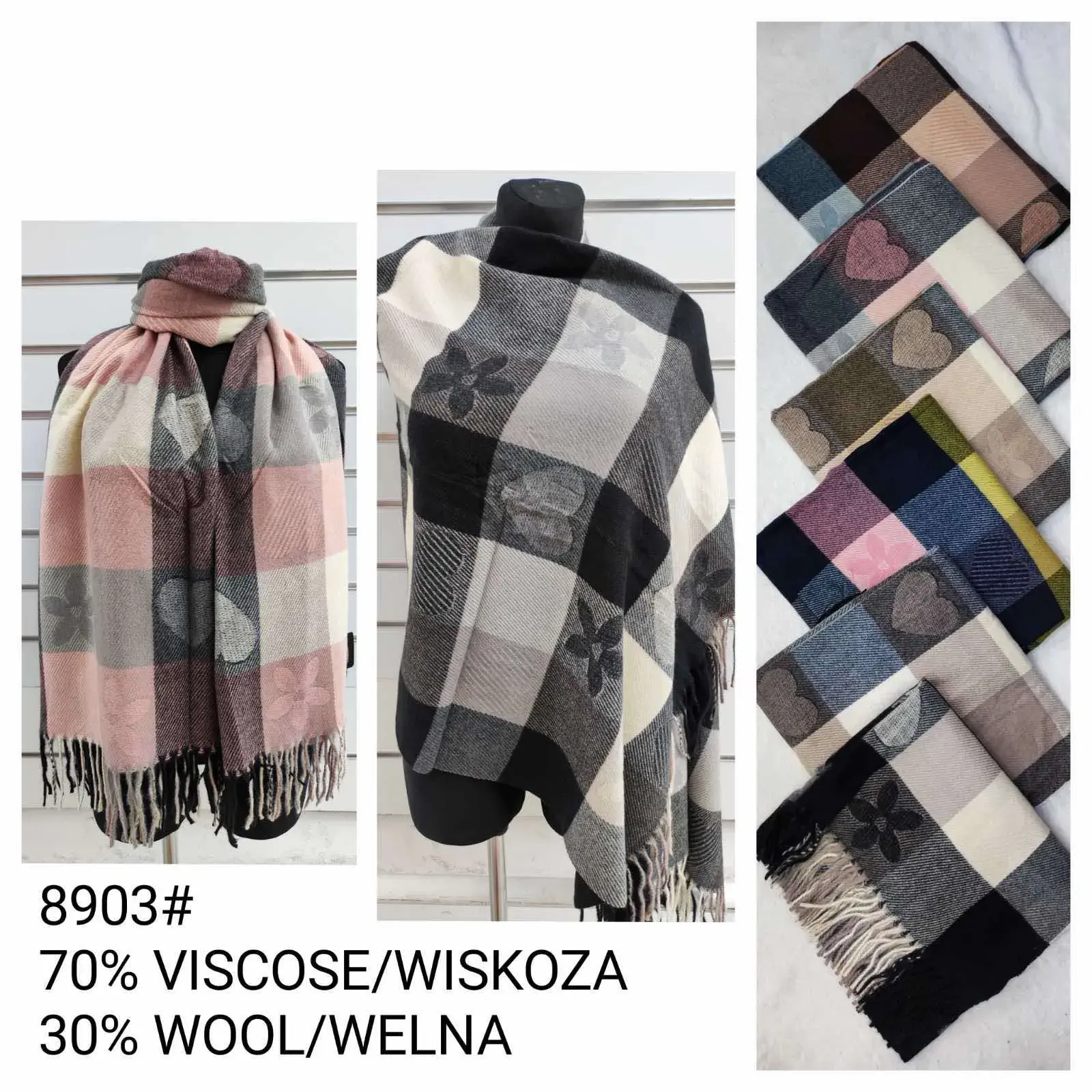 Szaliki damskie wiskoza-wełna 70/30 wzór kratka serca