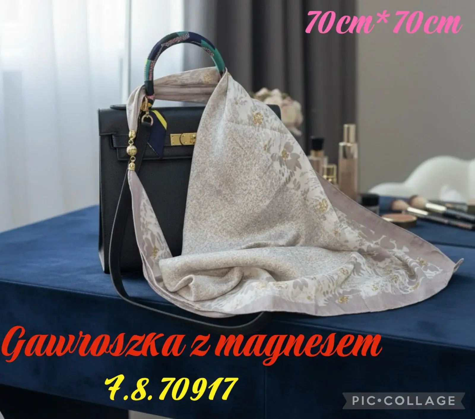Chusta Damska Kwiatowa 70cm x 70cm z Magnezem, kolor beżowy z granatowymi kwiatami