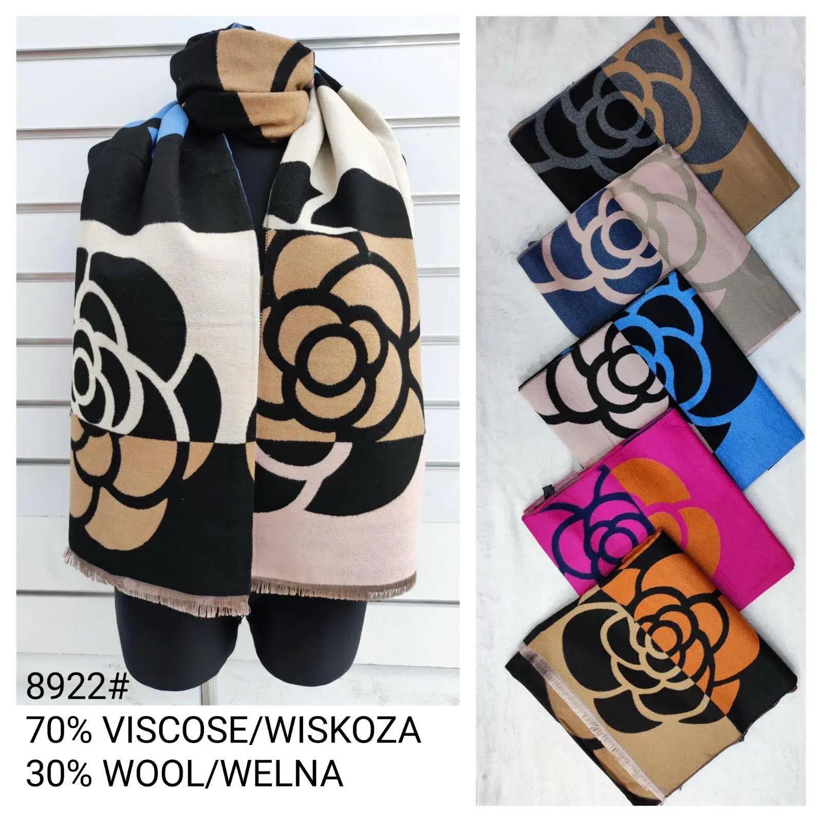 Szaliki damskie 70% wiskoza 30% wełna wzór kwiatowy