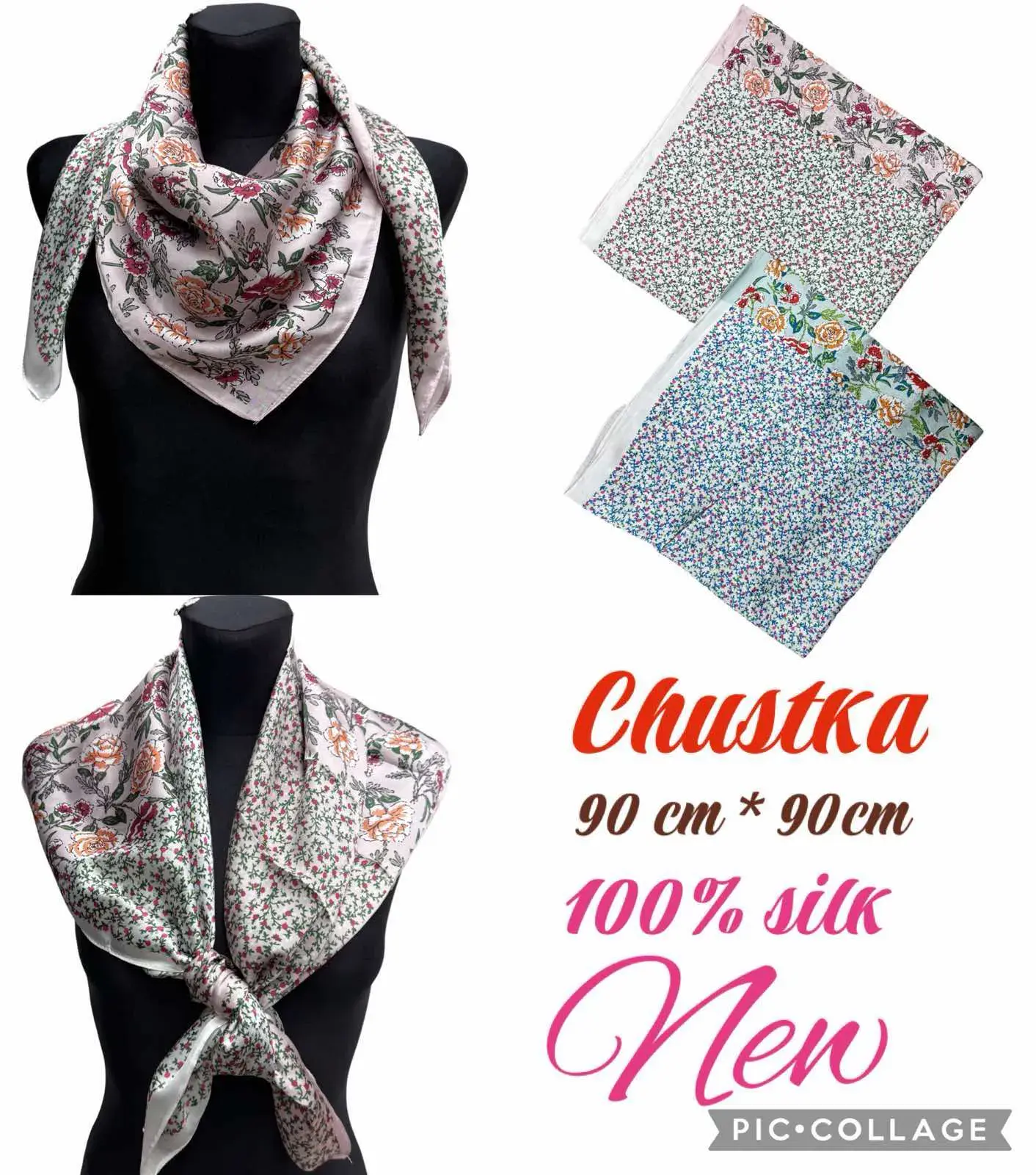 Chustka damska jedwabna 90x90 cm 100% silk, w wielu kolorach