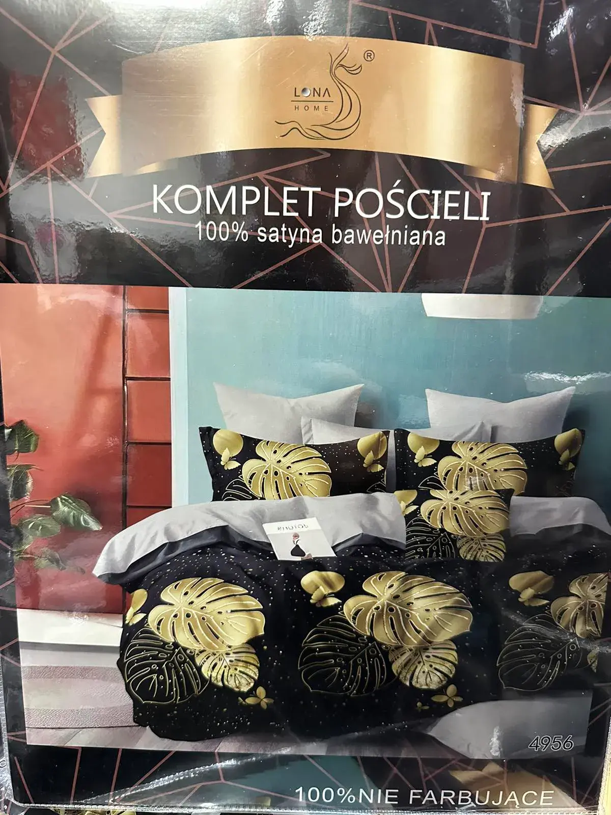 Komplet Pościeli 4CZ 160/200 100% Satyna Bawełniana, kolor granatowy ze złotymi liśćmi monstery