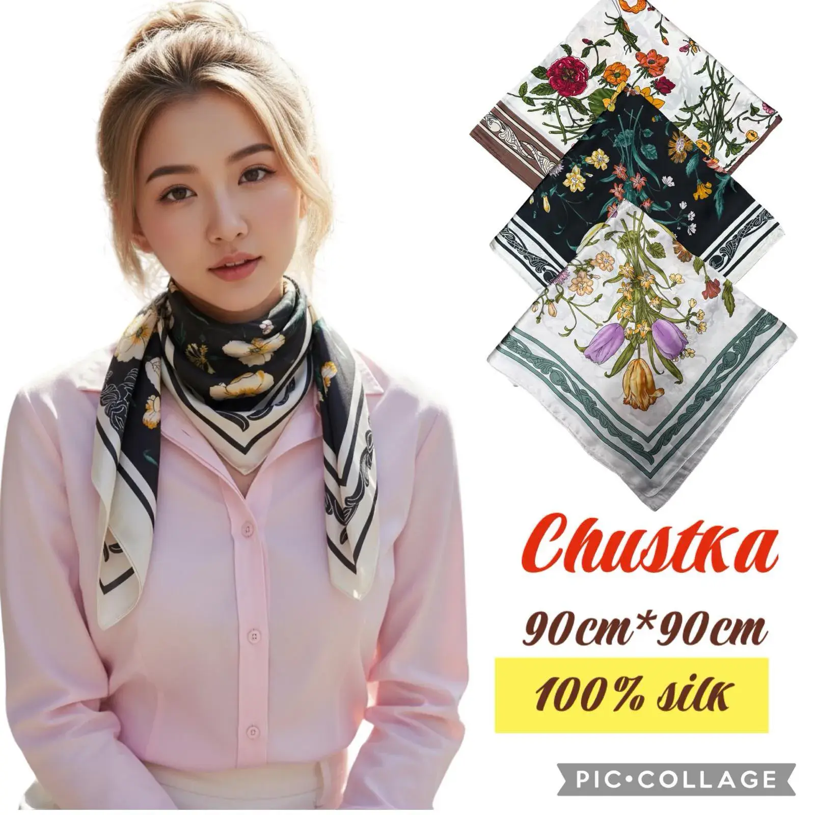 Chustka damska jedwabna 90x90cm wzór kwiatowy