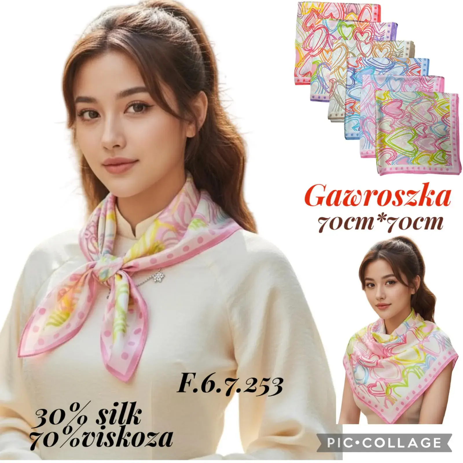 Gawroszka damska 70cm x 70cm 30% jedwab 70% wiskoza, w wielu kolorach