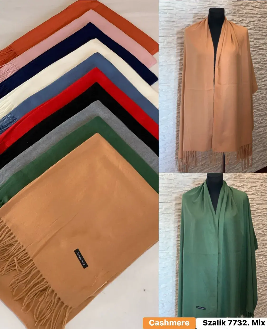 Szaliki damskie cashmere mix, różne kolory, 12 szt/opak.