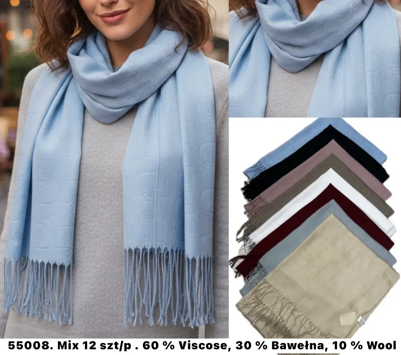 Szaliki damskie mix 12 szt. 60% wiskoza 30% bawełna 10% wełna