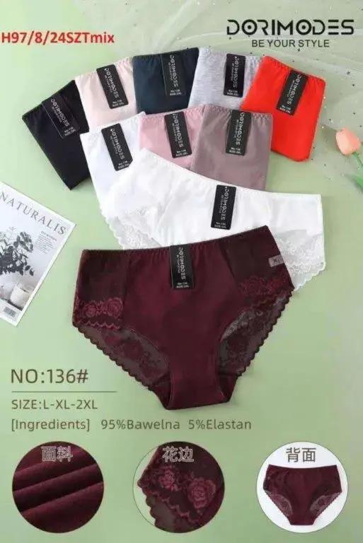 Majtki damskie bawełniane z koronką mix kolorów L-2XL