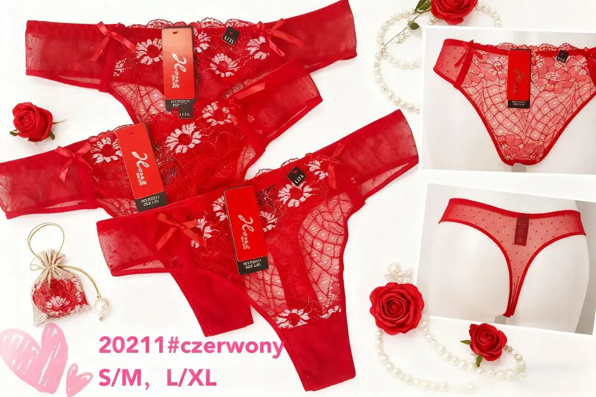 Czerwone koronkowe stringi damskie z haftem S/M, L/XL