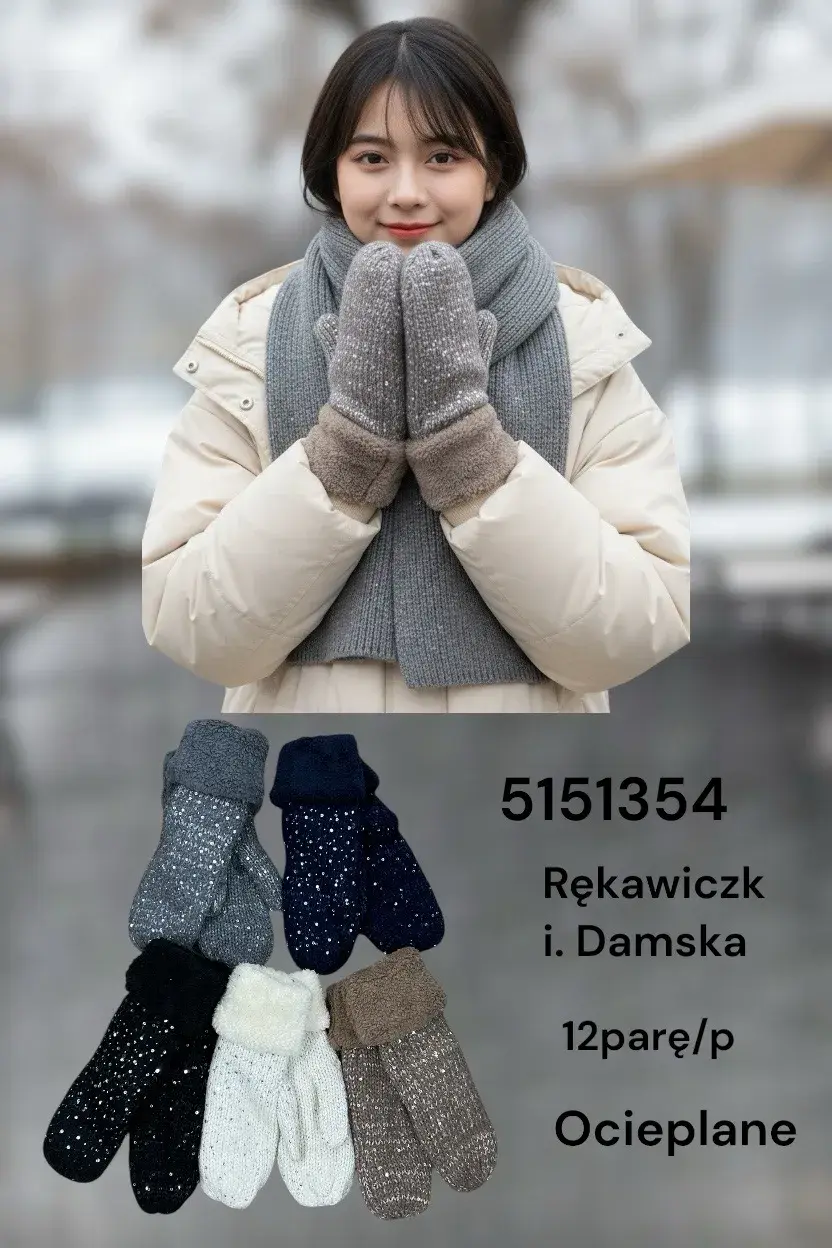 Rękawiczki damskie ocieplane, różne kolory, 12 szt/opak.
