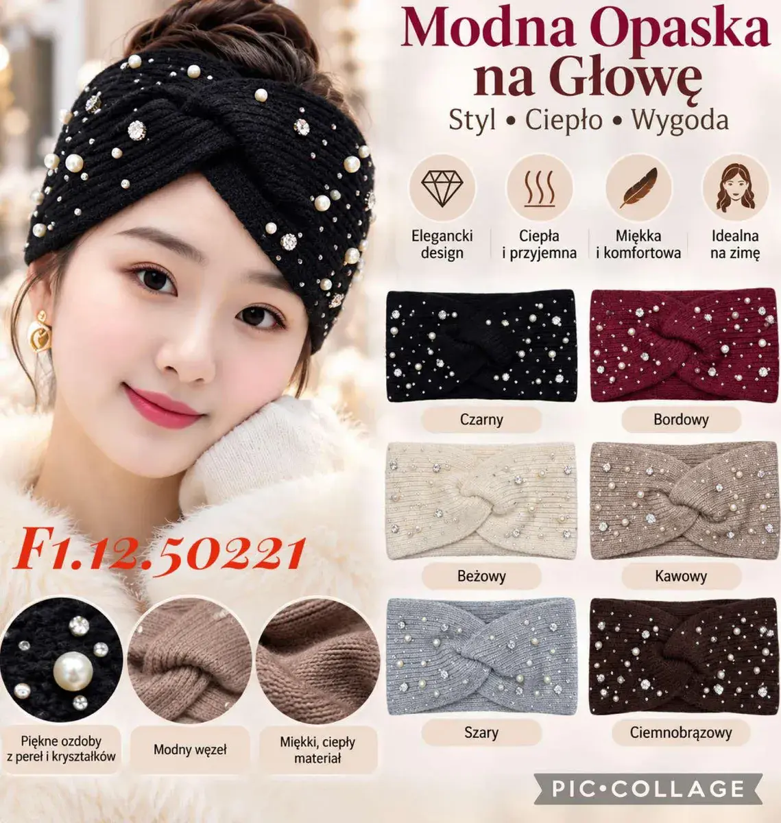 Modna opaska damska na głowę z perłami i kryształkami mix kolorów