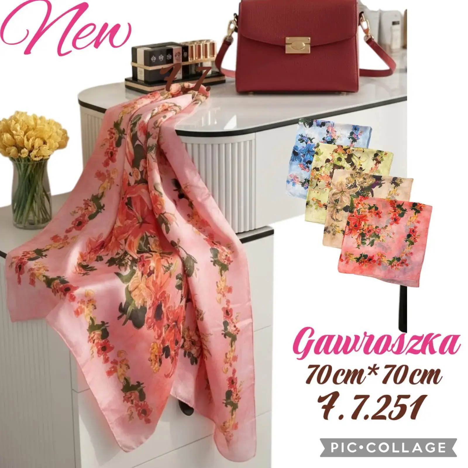 Chusta Damska Gawroszka 70cm x 70cm Różowa Kwiatowa