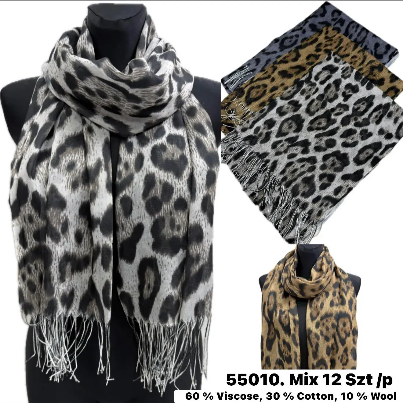 Szaliki damskie leopard wzór 60% wiskoza mix 12 szt