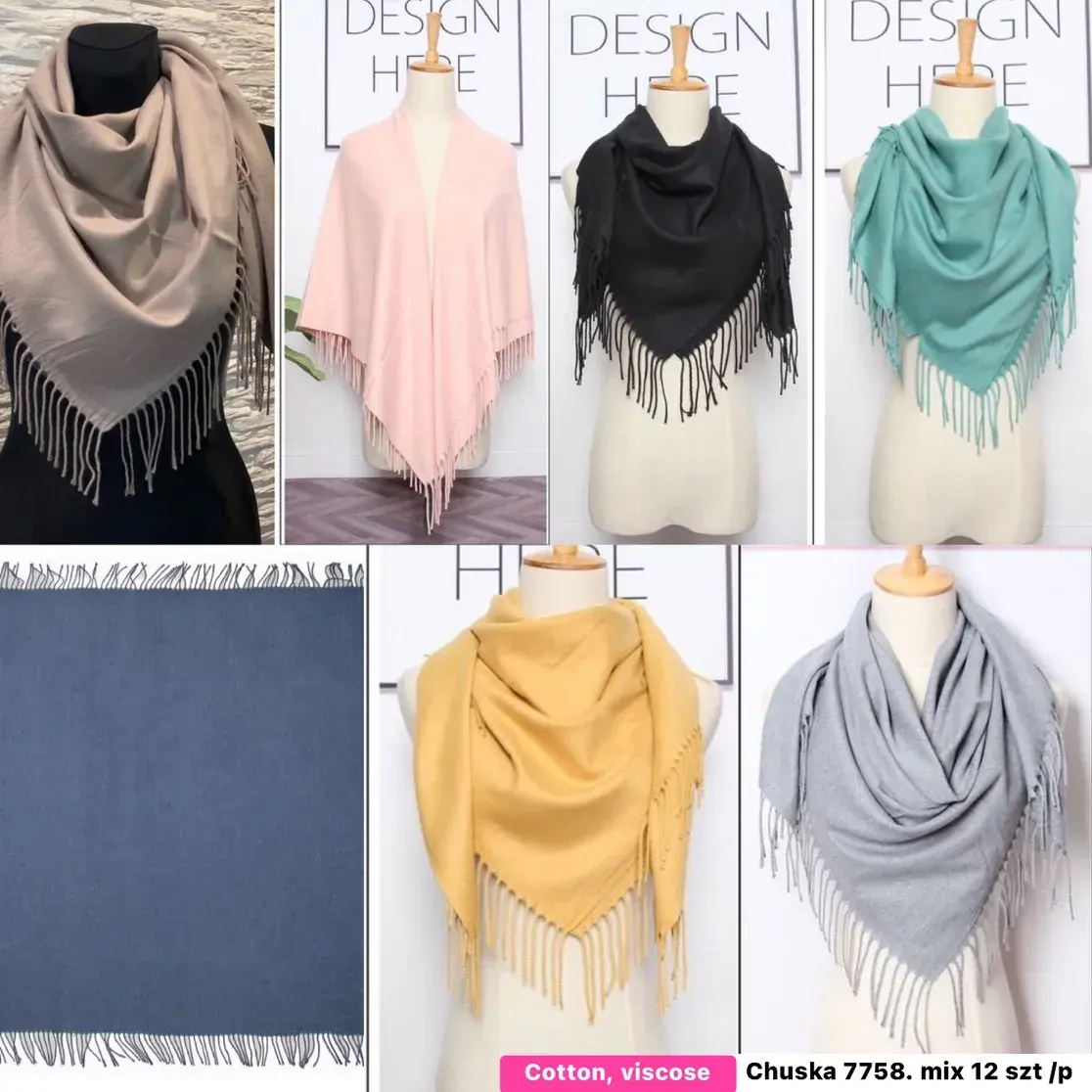 Szaliki damskie z frędzlami Cotton Viscose Chuska 12 szt