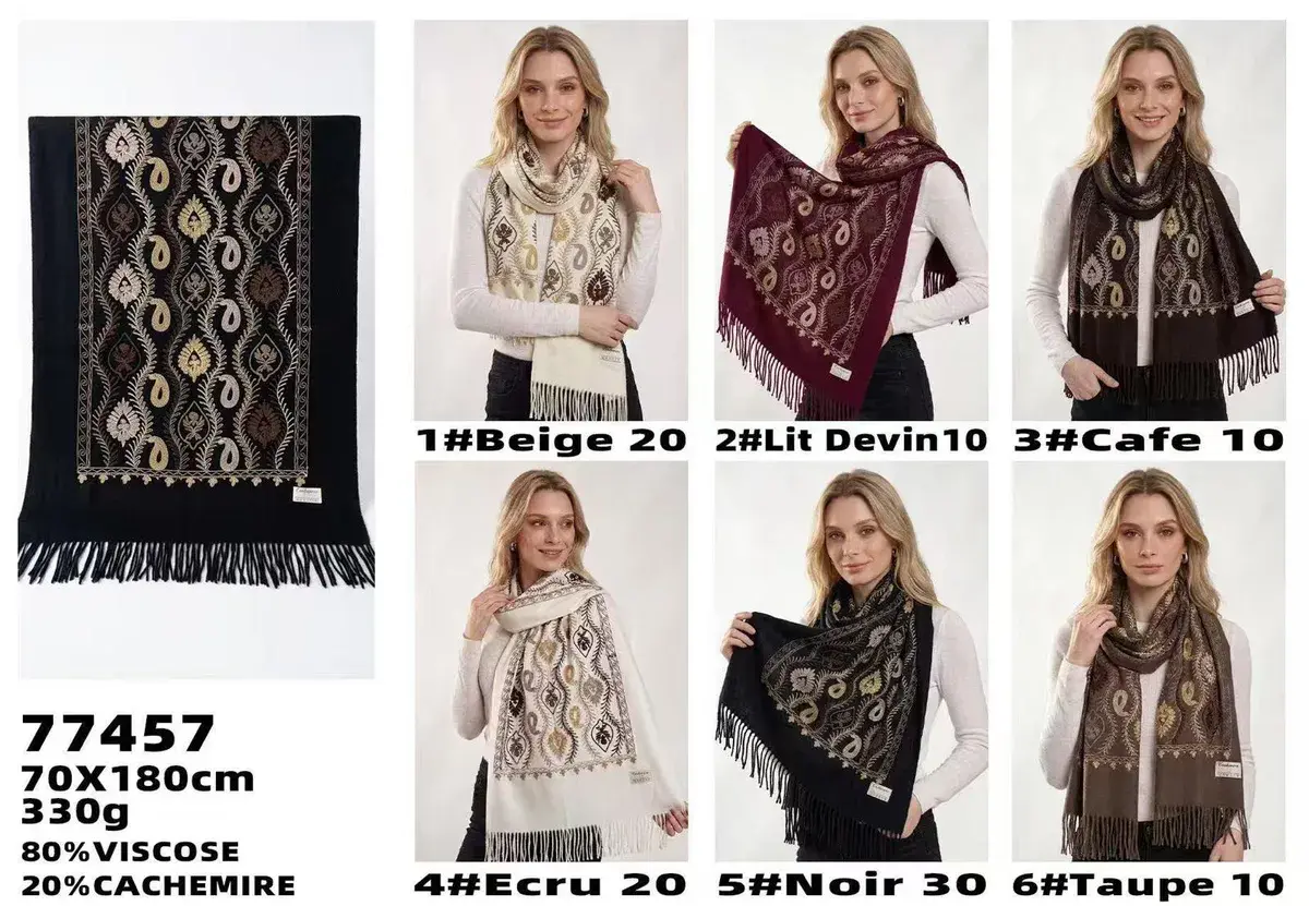 Szalik damski 70x180 cm ze wzorem paisley, 80% wiskoza, 20% kaszmir, w wielu kolorach