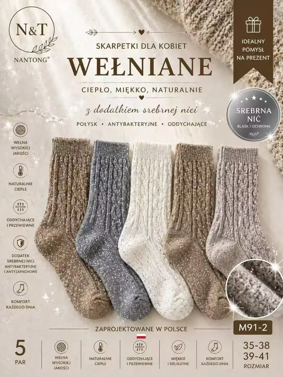 Skarpetki wełniane damskie z dodatkiem srebrnej nici 35-41