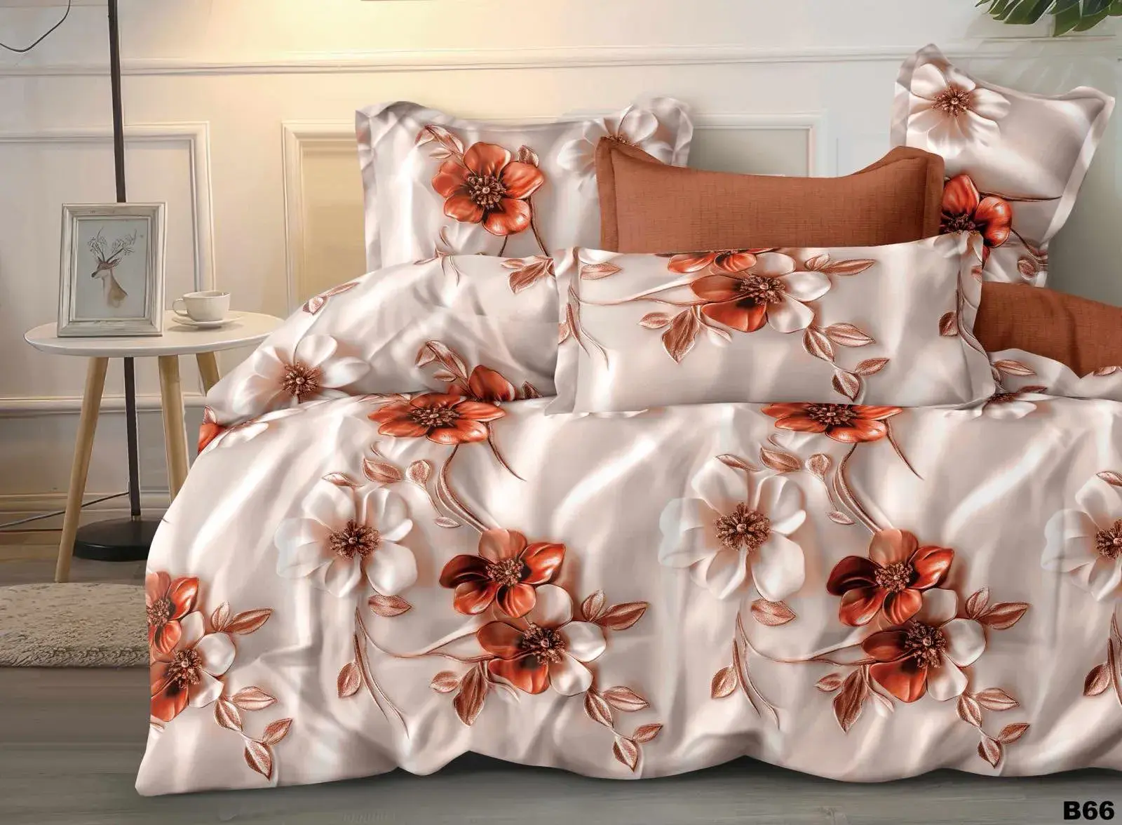 Komplet Pościel Milano 4CZ 200/220, kolor kremowy z pomarańczowo-rdzawymi kwiatami