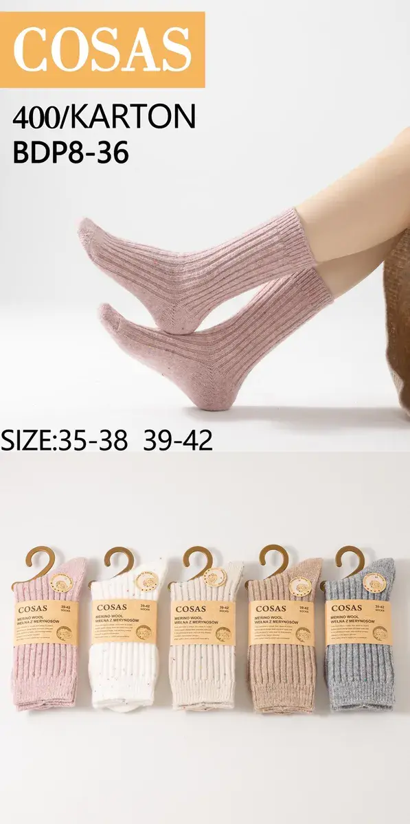 COSAS Skarpety damskie z wełny merynosów pastelowe rozmiar 35-42, w wielu kolorach