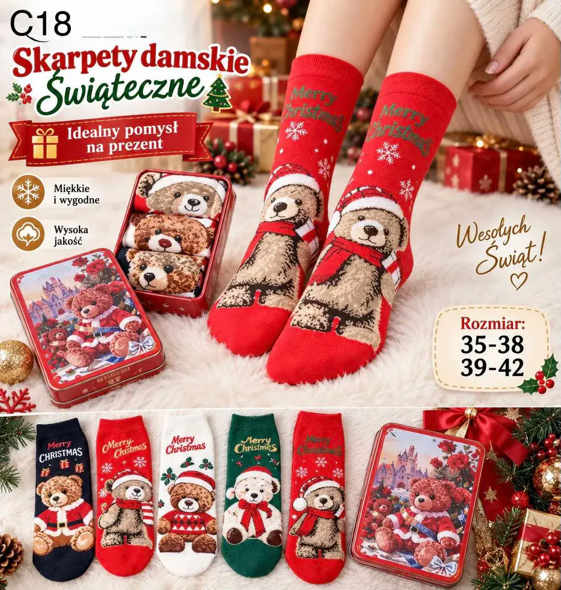 Skarpety damskie świąteczne z misiem w metalowym pudełku