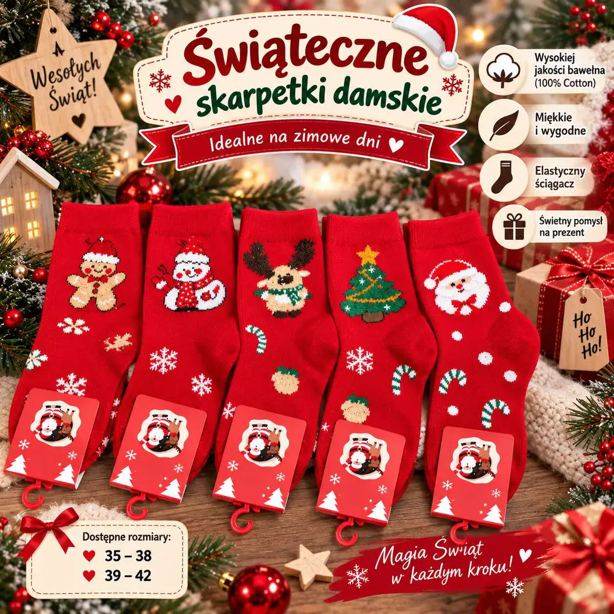Świąteczne skarpetki damskie czerwone z motywami bożonarodzeniowymi
