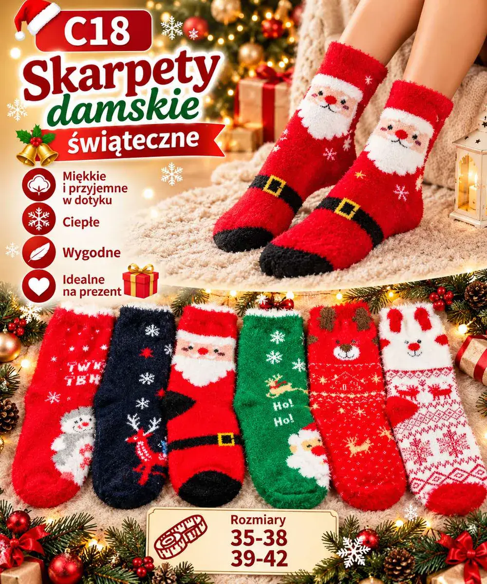 Skarpety damskie świąteczne miękkie i ciepłe rozmiar 35-42