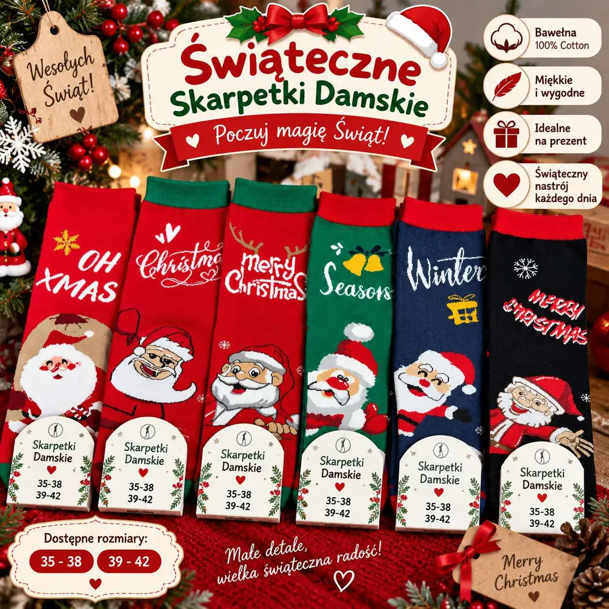 Świąteczne skarpetki damskie bawełniane z motywem Mikołaja 35-42
