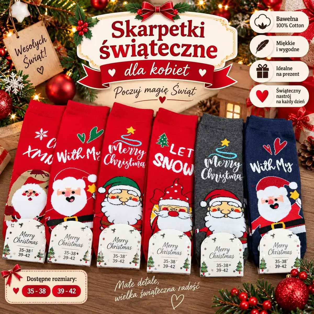 Skarpetki świąteczne damskie bawełniane z motywem Mikołaja 35-42