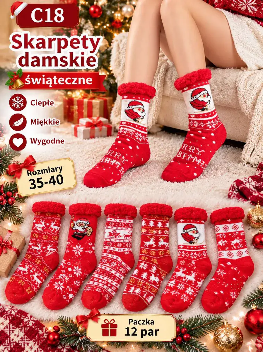 Ciepłe skarpety damskie świąteczne czerwone 35-40, 12 par