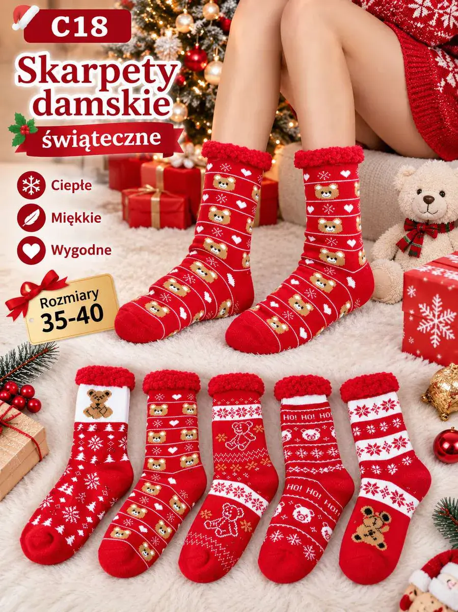 Skarpety damskie świąteczne czerwone z misiami 35-40
