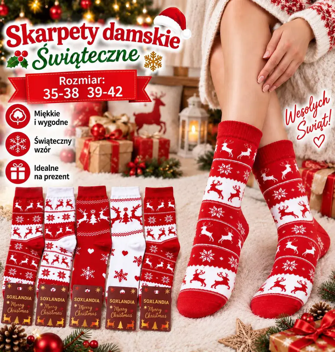 Skarpety damskie świąteczne czerwono-białe z reniferami 35-42