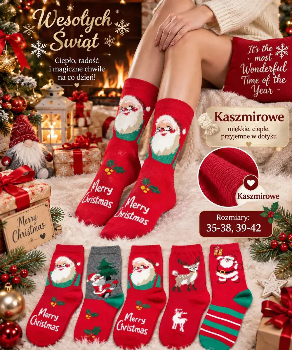 Skarpetki świąteczne kaszmirowe czerwone z motywem Mikołaja i renifera