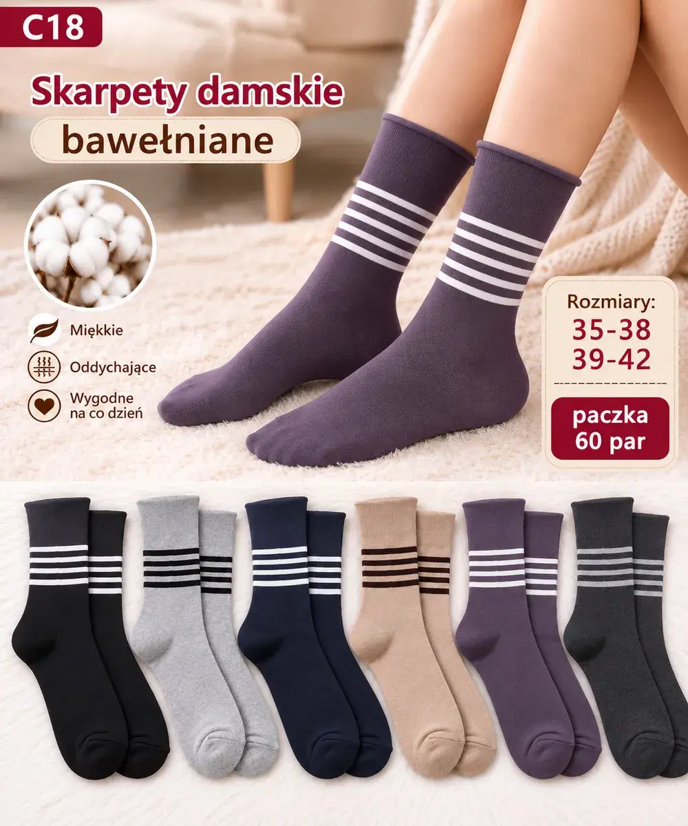 Skarpety damskie bawełniane w paski 35-42 mix kolorów 60 par