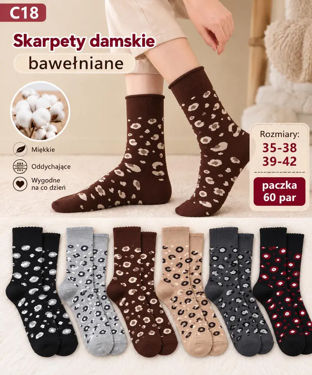 Skarpety damskie bawełniane w panterkę 35-42 mix kolorów