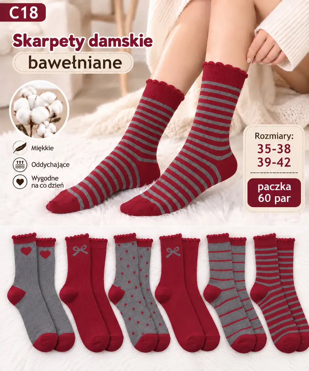 Skarpety damskie bawełniane czerwono-szare 35-42 miękkie i oddychające