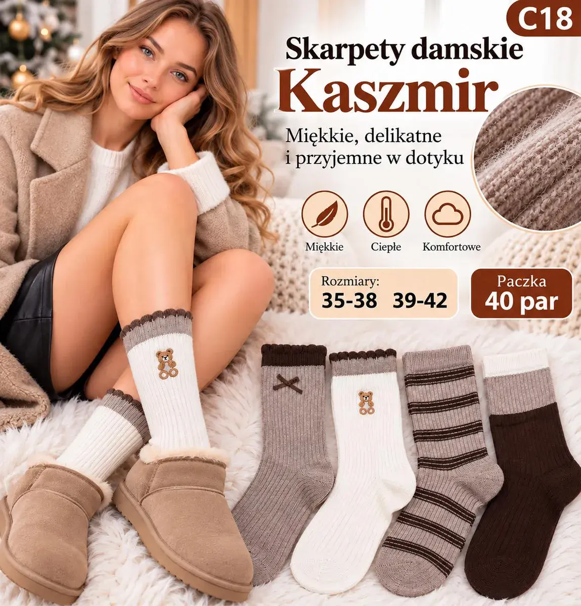 Skarpety damskie kaszmir miękkie ciepłe 35-42 40 par