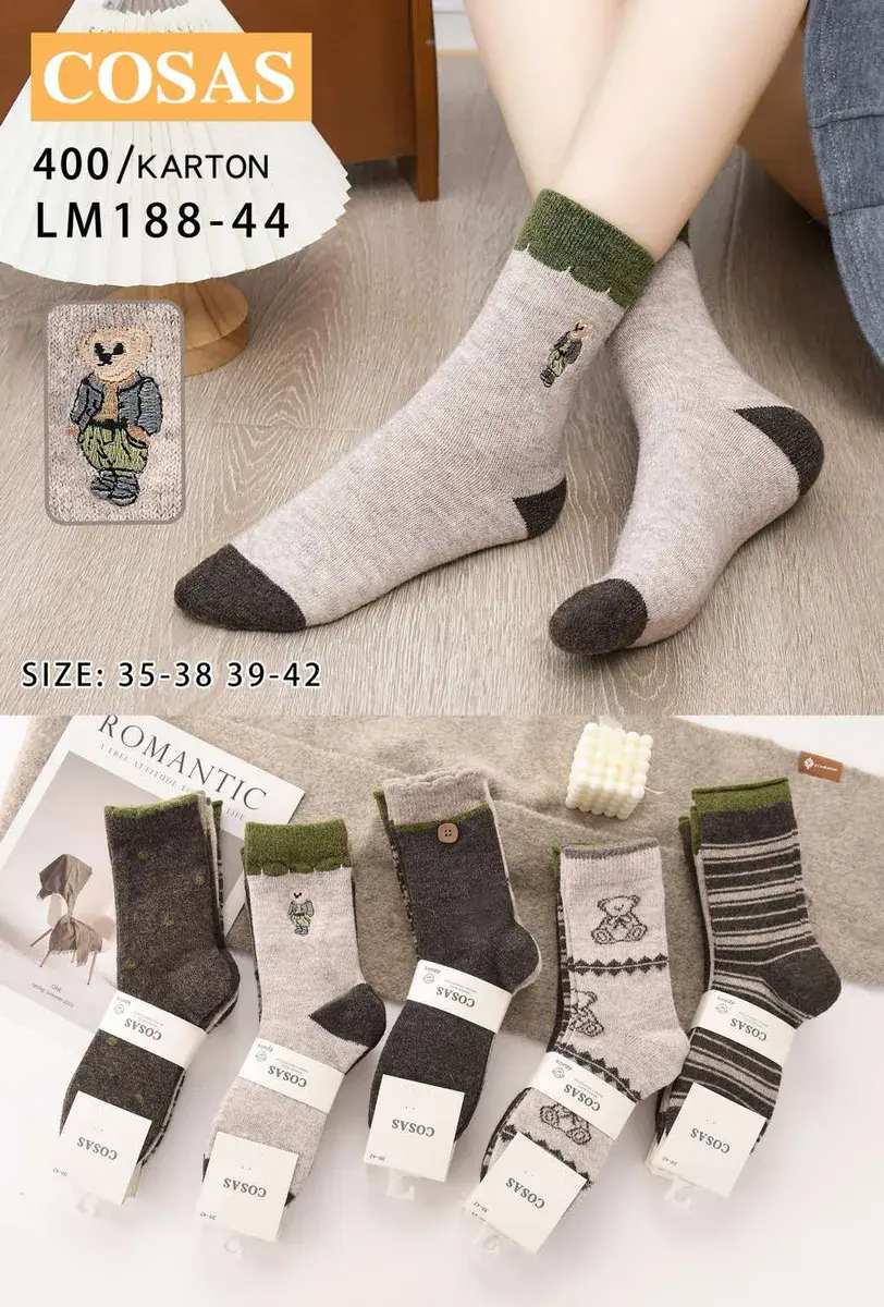 Skarpetki damskie COSAS beżowo-zielone z misiem rozmiar 35-42