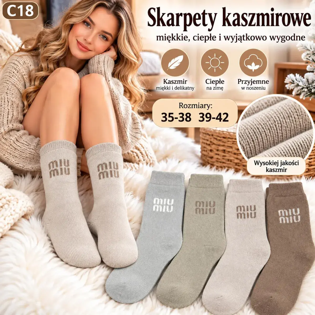 Skarpety kaszmirowe miękkie ciepłe wygodne 35-42 mix kolorów